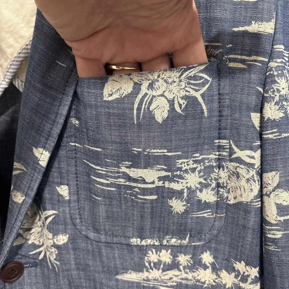 Tommy Hilfiger Mens Large Sport Coat Blazer Blue Hawaiian Floral Logo Preppy